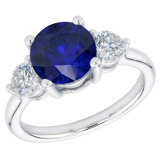 Anello con tre diamanti rotondi in zaffiro blu profondo con tre pietre. gioielli da 2.50 carati