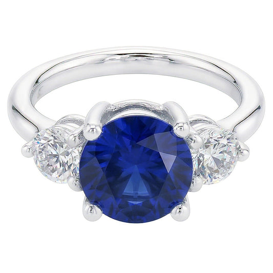 Anello con tre diamanti rotondi in zaffiro blu profondo con tre pietre. gioielli da 2.50 carati