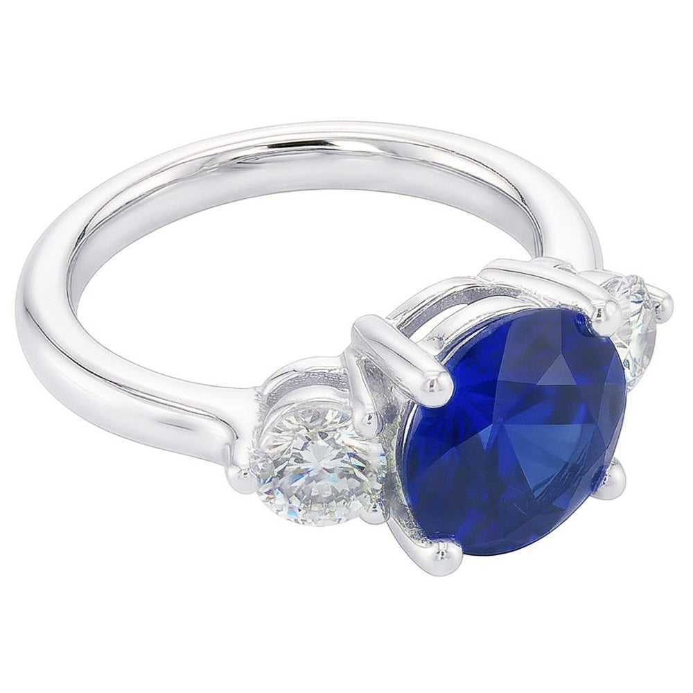 Anello con tre diamanti rotondi in zaffiro blu profondo con tre pietre. gioielli da 2.50 carati