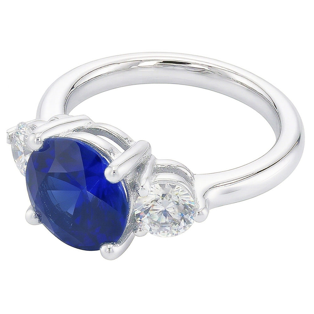 Anello con tre diamanti rotondi in zaffiro blu profondo con tre pietre. gioielli da 2.50 carati