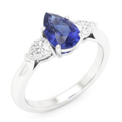 Anello con tre pere. Zaffiro dello Sri Lanka e diamanti 1,25 carati con oro bianco 14K