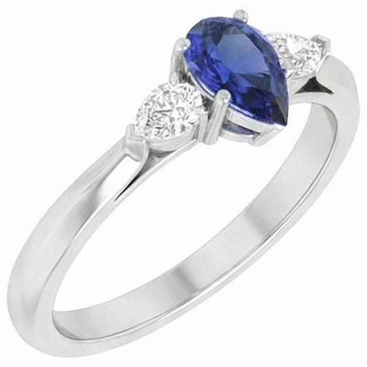 Anello con tre pere. Zaffiro dello Sri Lanka e diamanti 1,25 carati con oro bianco 14K