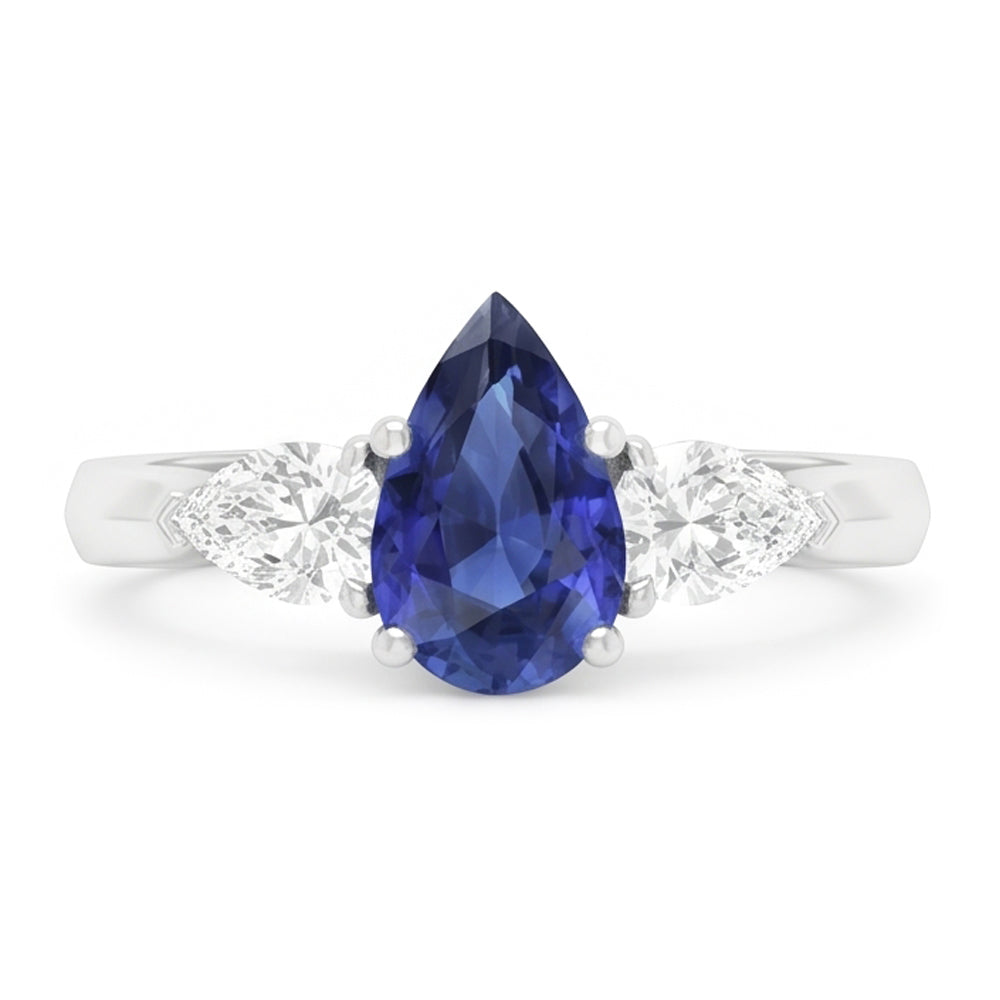 Anello con tre pere. Zaffiro dello Sri Lanka e diamanti 1,25 carati con oro bianco 14K