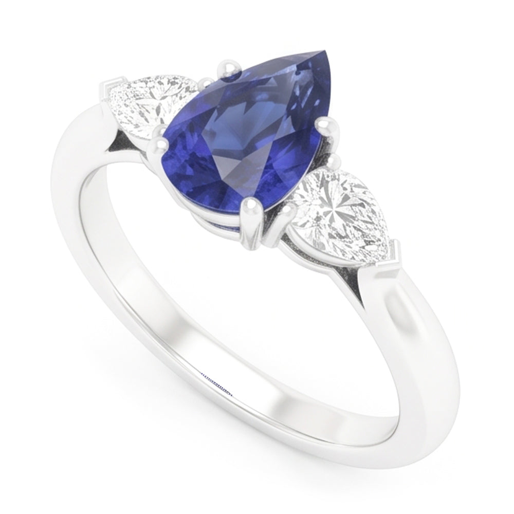 Anello con tre pere. Zaffiro dello Sri Lanka e diamanti 1,25 carati con oro bianco 14K