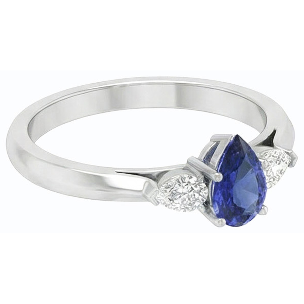 Anello con tre pere. Zaffiro dello Sri Lanka e diamanti 1,25 carati con oro bianco 14K