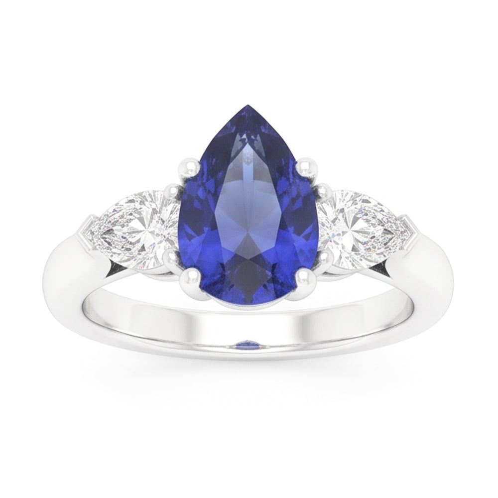 Anello con tre pere. Zaffiro dello Sri Lanka e diamanti 1,25 carati con oro bianco 14K