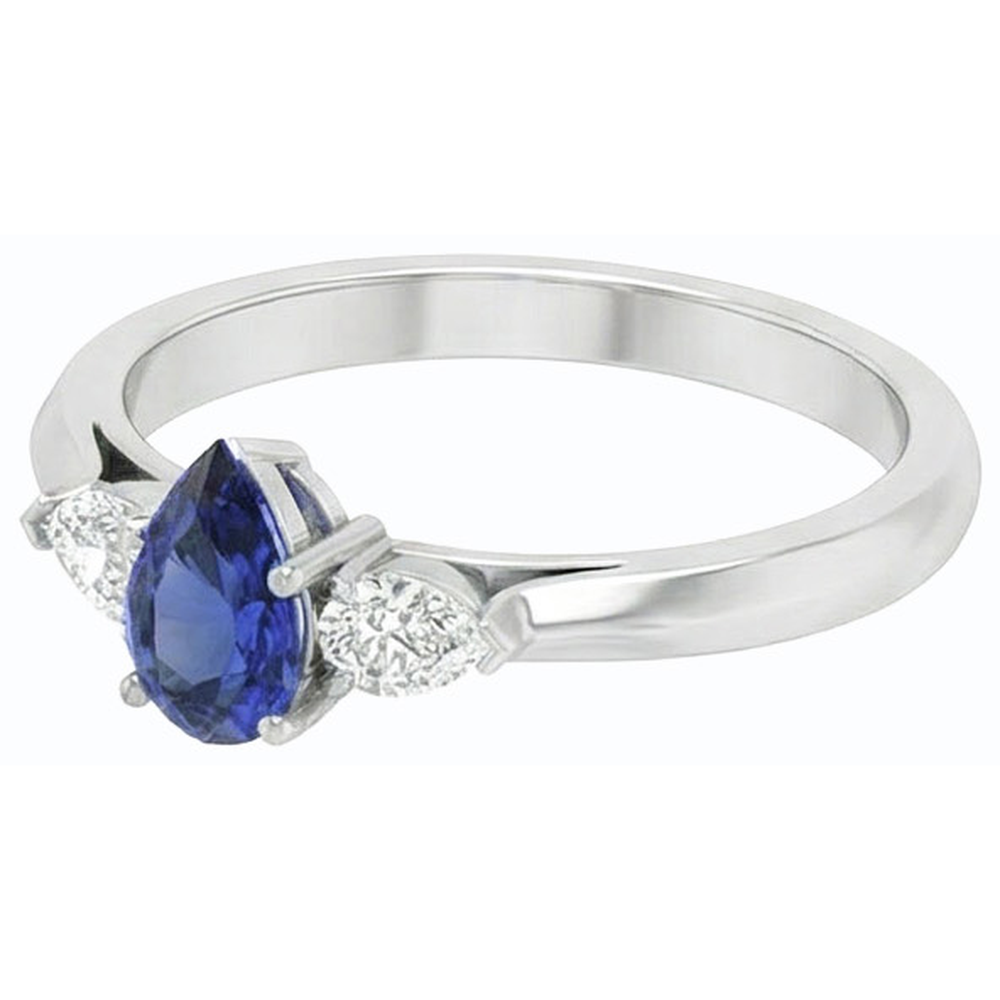 Anello con tre pere. Zaffiro dello Sri Lanka e diamanti 1,25 carati con oro bianco 14K
