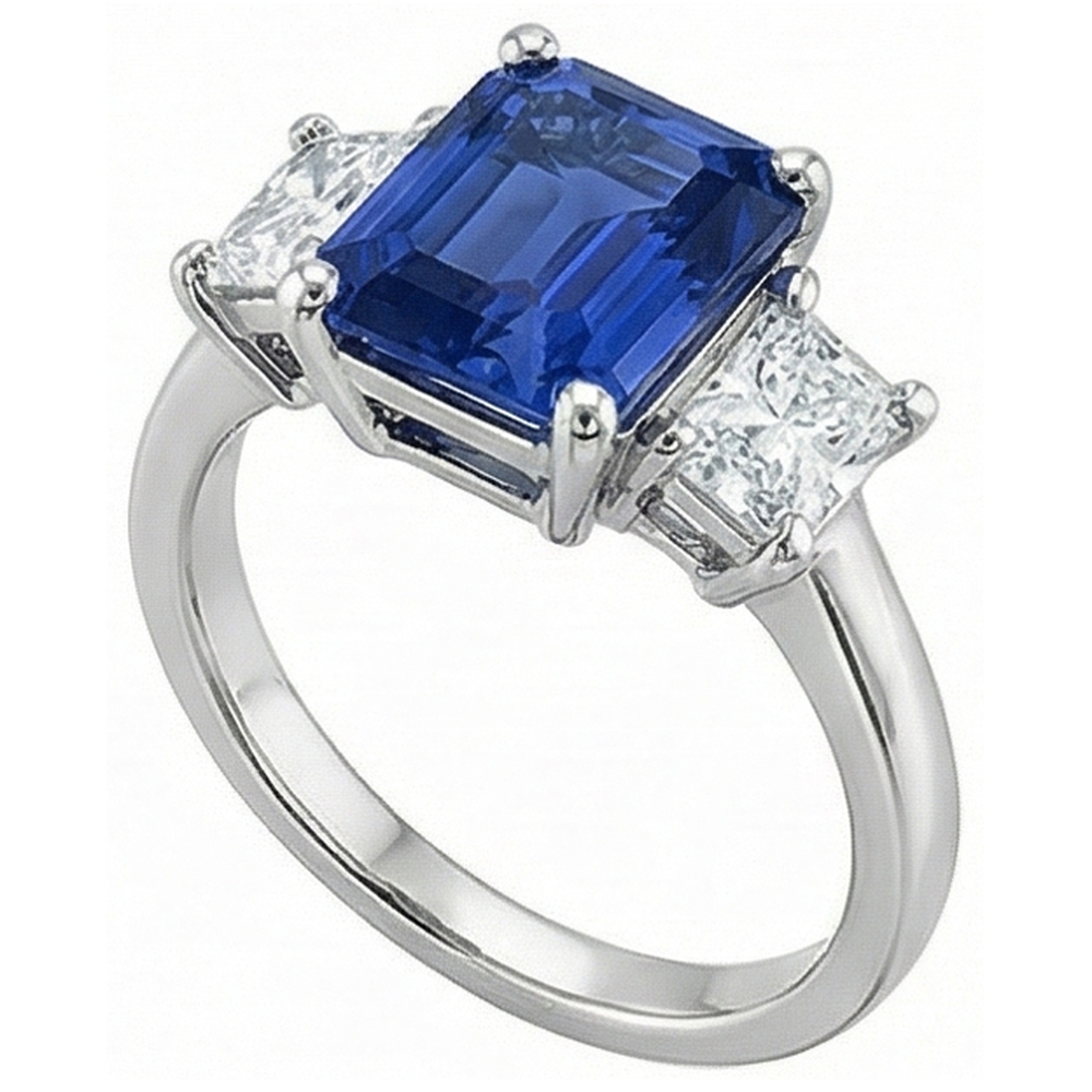 Anello con tre pietre Princess. diamante e zaffiro blu smeraldo 2.50 carati