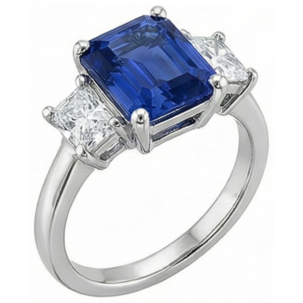 Anello con tre pietre Princess. diamante e zaffiro blu smeraldo 2.50 carati