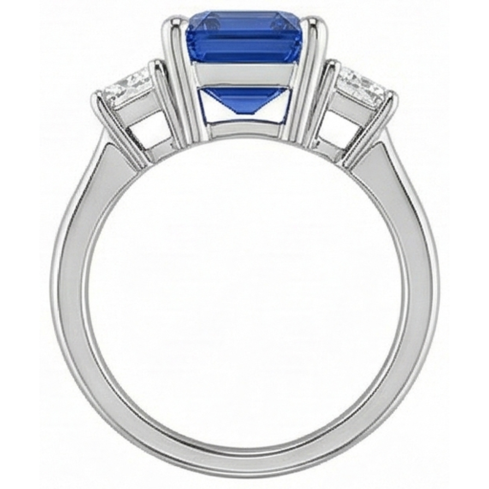 Anello con tre pietre Princess. diamante e zaffiro blu smeraldo 2.50 carati