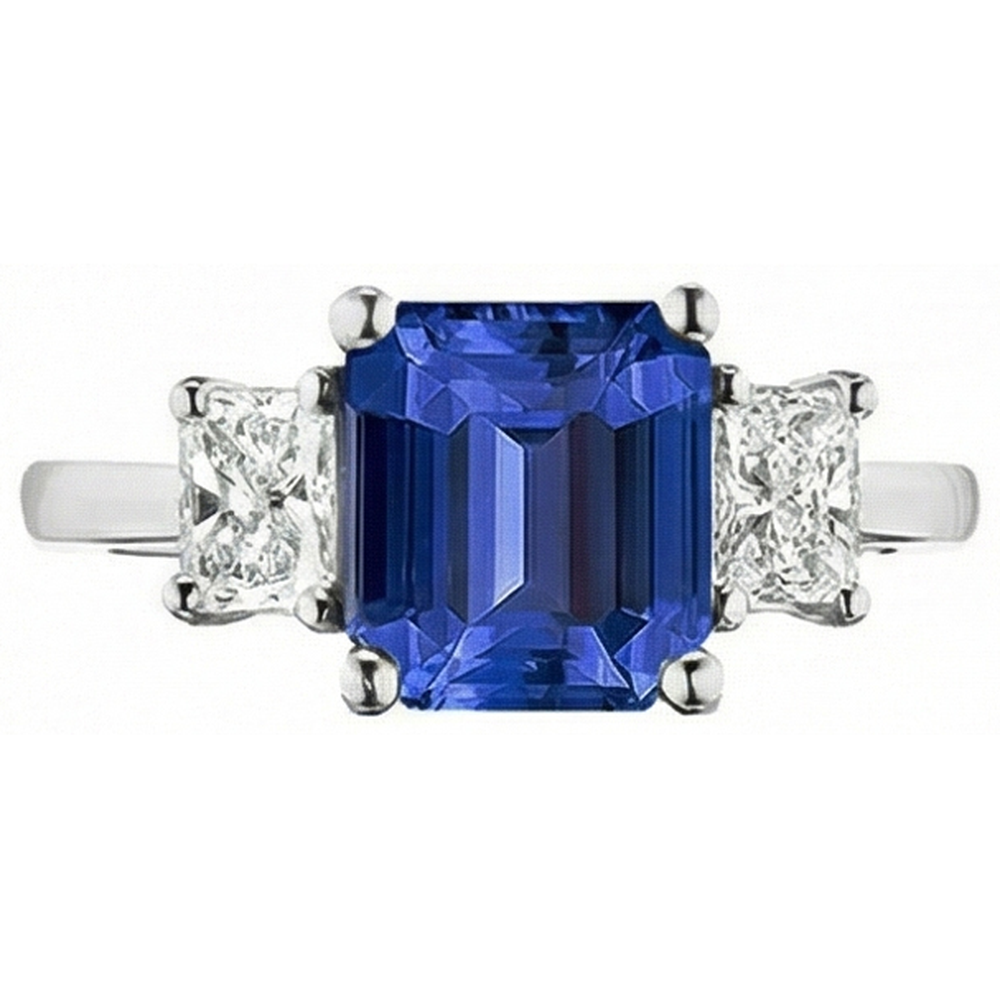 Anello con tre pietre Princess. diamante e zaffiro blu smeraldo 2.50 carati