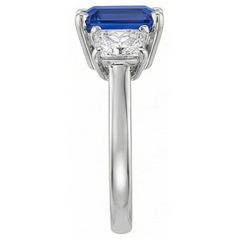 Anello con tre pietre Princess. diamante e zaffiro blu smeraldo 2.50 carati