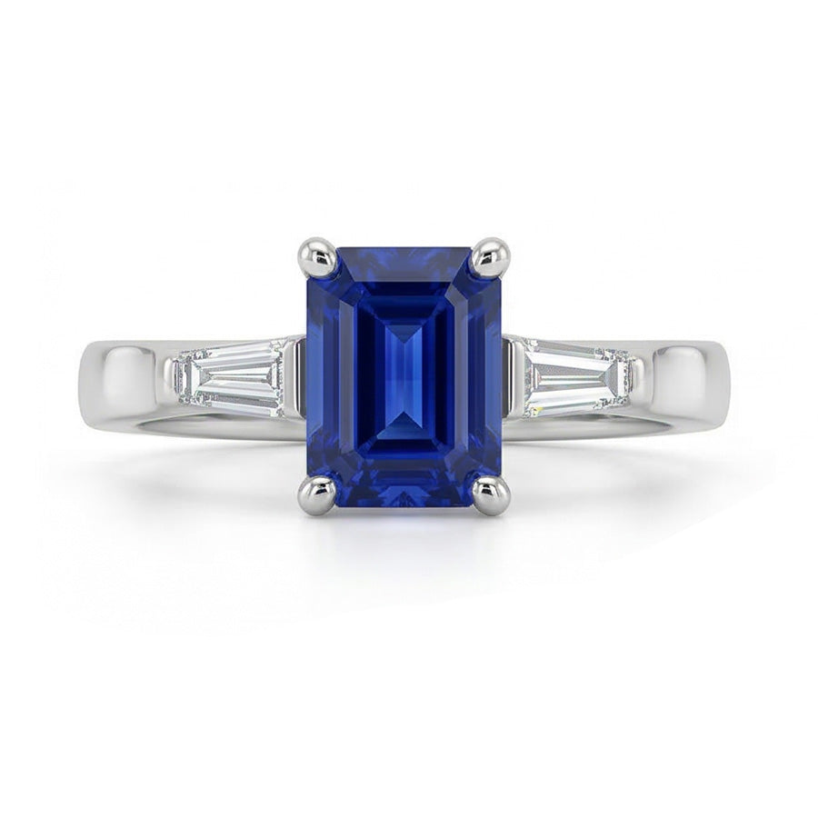 Anello con tre pietre Smeraldo Zaffiro e Diamanti Naturali Autentici ( non creati in laboratorio ) Baguette affusolati 3 Carati
