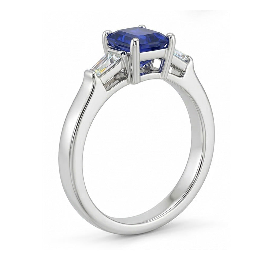 Anello con tre pietre Smeraldo Zaffiro e Diamanti Naturali Autentici ( non creati in laboratorio ) Baguette affusolati 3 Carati