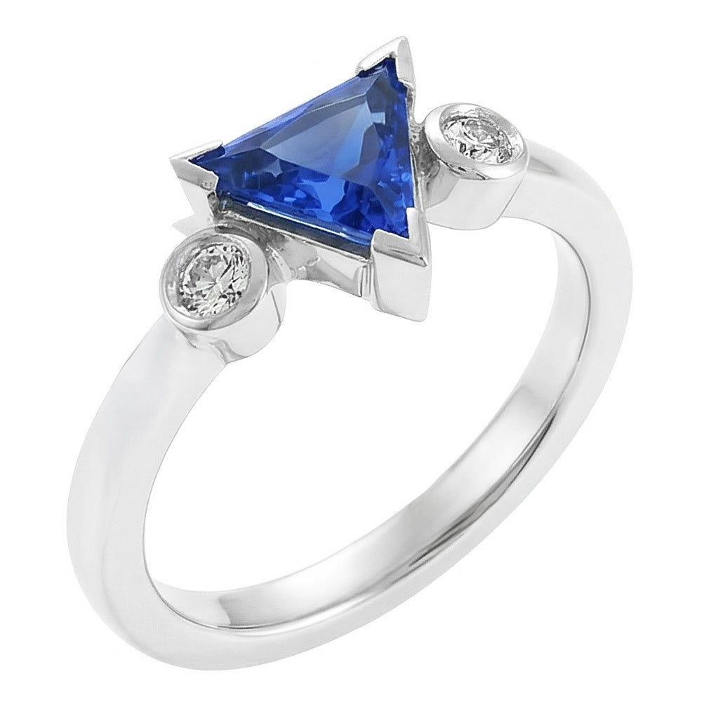 Anello con tre pietre Trillion V Prong Ceylon Sapphire 1,25 con oro bianco 14K