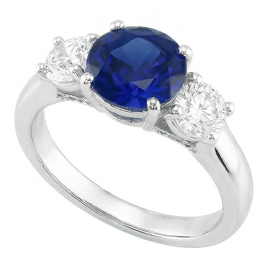 Anello con tre pietre da 2 carati con zaffiro blu naturale rotondo e diamanti