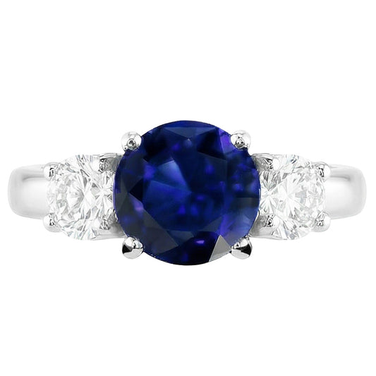Anello con tre pietre da 2 carati con zaffiro blu naturale rotondo e diamanti