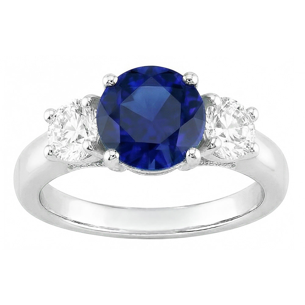 Anello con tre pietre da 2 carati con zaffiro blu naturale rotondo e diamanti