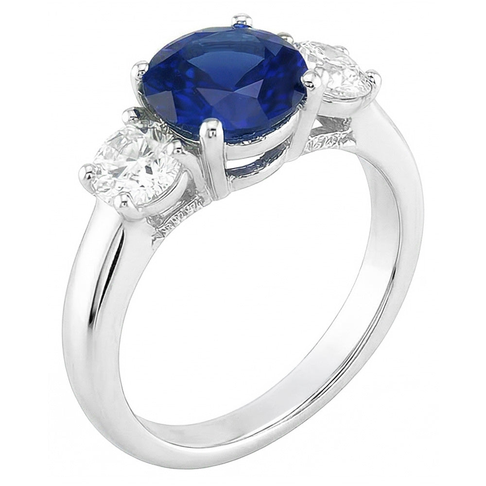 Anello con tre pietre da 2 carati con zaffiro blu naturale rotondo e diamanti