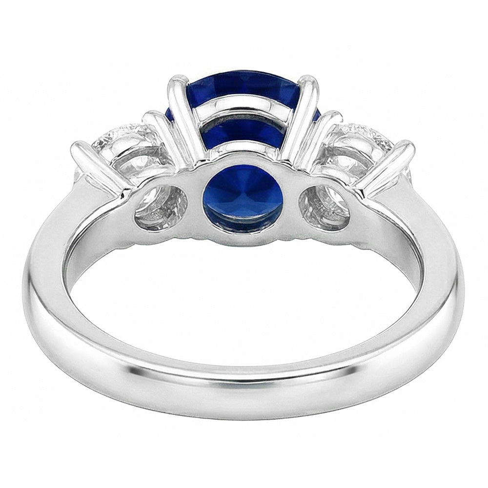 Anello con tre pietre da 2 carati con zaffiro blu naturale rotondo e diamanti