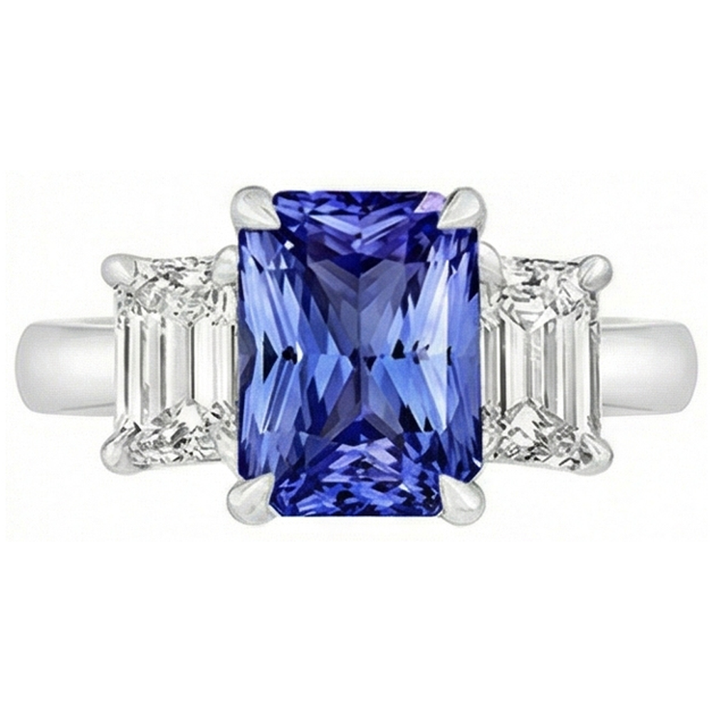Anello con tre pietre di smeraldo. diamante e zaffiro di Ceylon. 3 carati a griffe