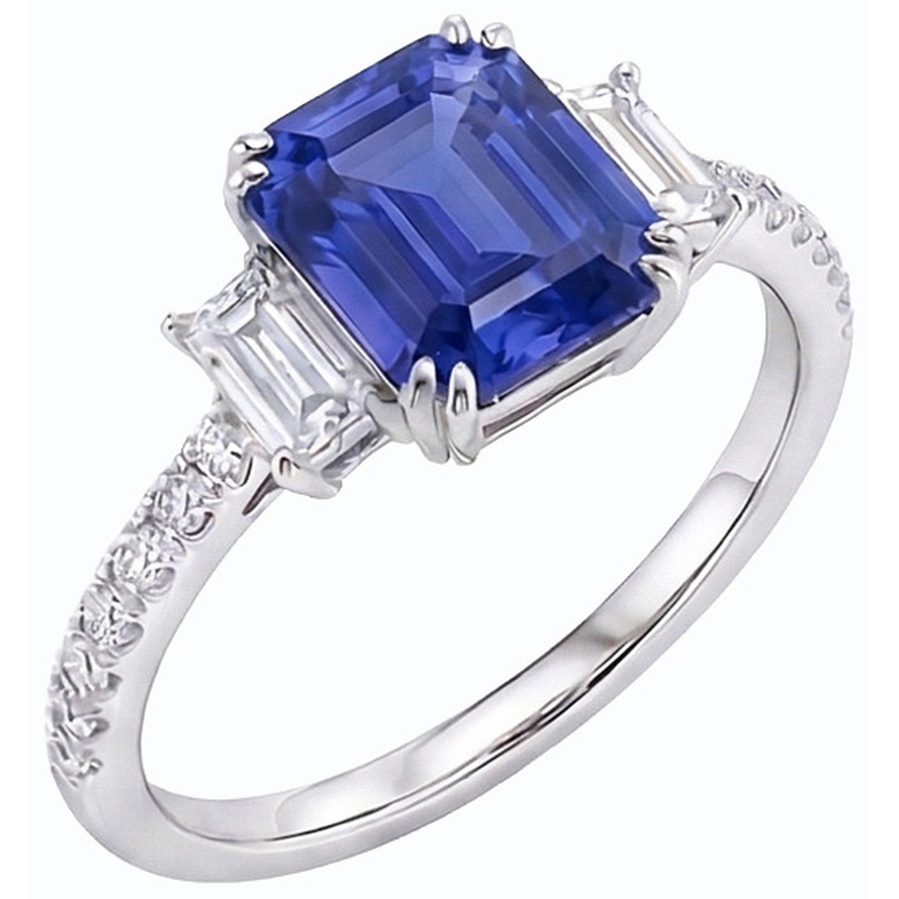 Anello con tre pietre di smeraldo e zaffiro blu e pavé di diamanti 3 carati
