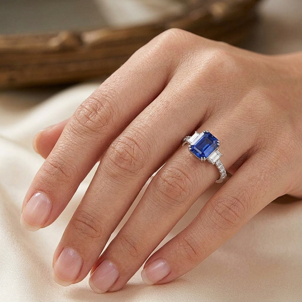 Anello con tre pietre di smeraldo e zaffiro blu e pavé di diamanti 3 carati