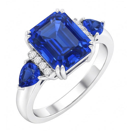 Anello con tre pietre di smeraldo e zaffiro blu naturale e diamanti 3 carati