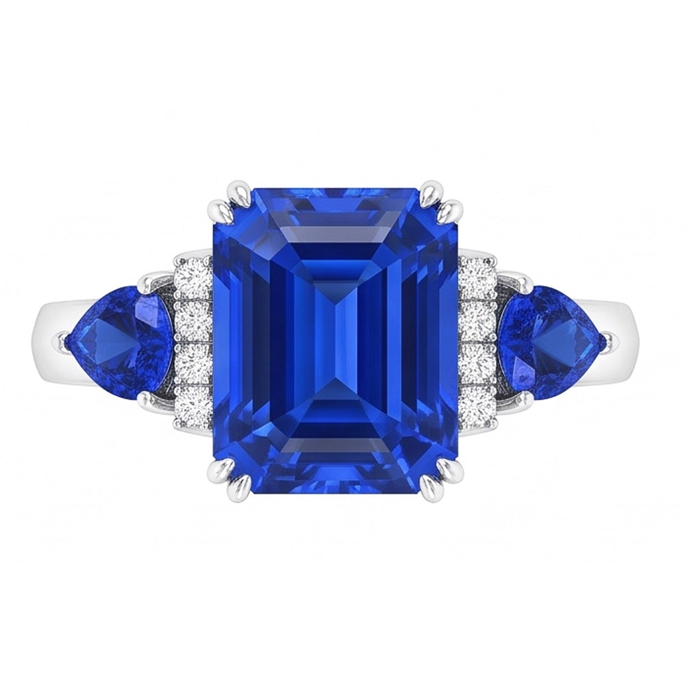 Anello con tre pietre di smeraldo e zaffiro blu naturale e diamanti 3 carati