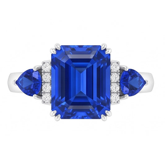 Anello con tre pietre di smeraldo e zaffiro blu naturale e diamanti 3 carati