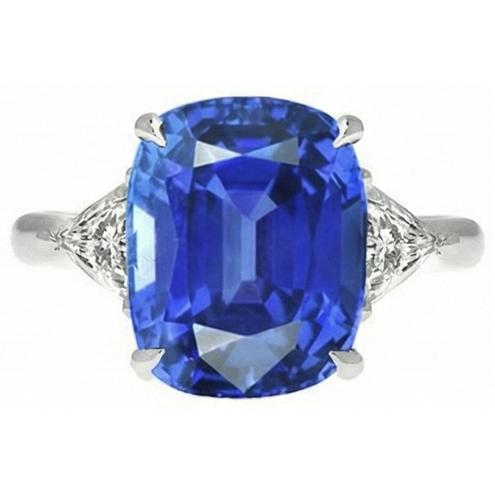 Anello con tre pietre di zaffiro blu ovale e trilioni di diamanti 4.50 carati