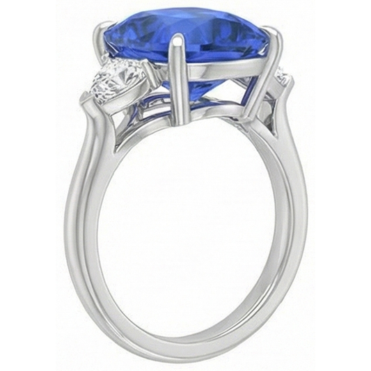 Anello con tre pietre di zaffiro blu ovale e trilioni di diamanti 4.50 carati