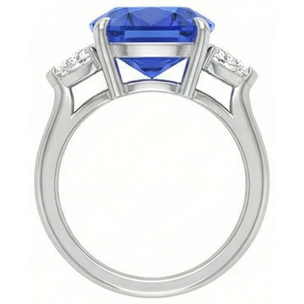Anello con tre pietre di zaffiro blu ovale e trilioni di diamanti 4.50 carati