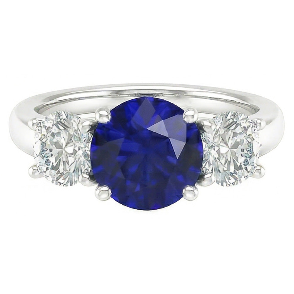 Anello con tre pietre di zaffiro blu rotondo e diamanti rotondi 2.50 carati
