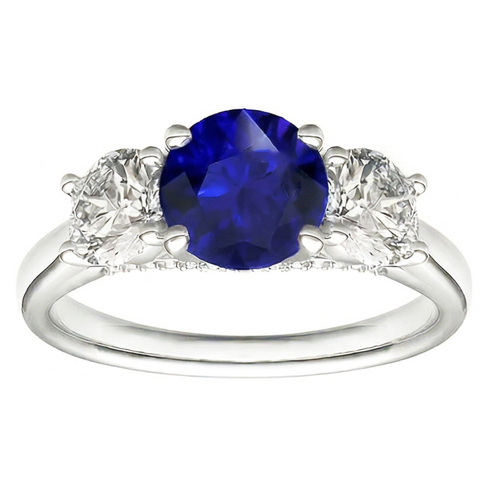 Anello con tre pietre di zaffiro blu rotondo e diamanti rotondi 2.50 carati