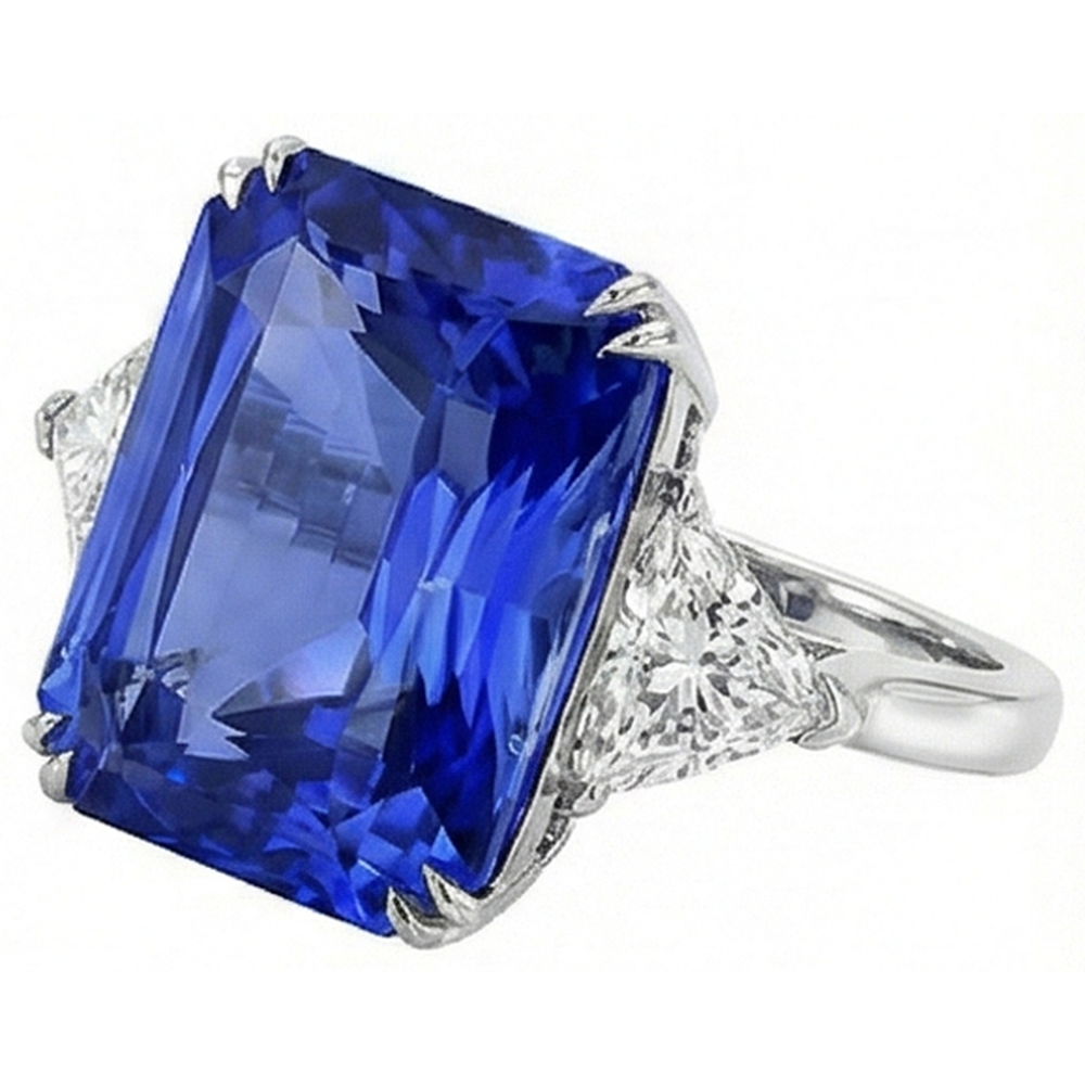 Anello con tre pietre di zaffiro radiante e trilioni di diamanti 5.50 carati