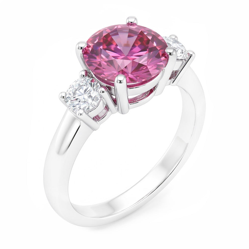 Anello con tre pietre di zaffiro rosa taglio rotondo da 2.50 carati oro bianco 14K