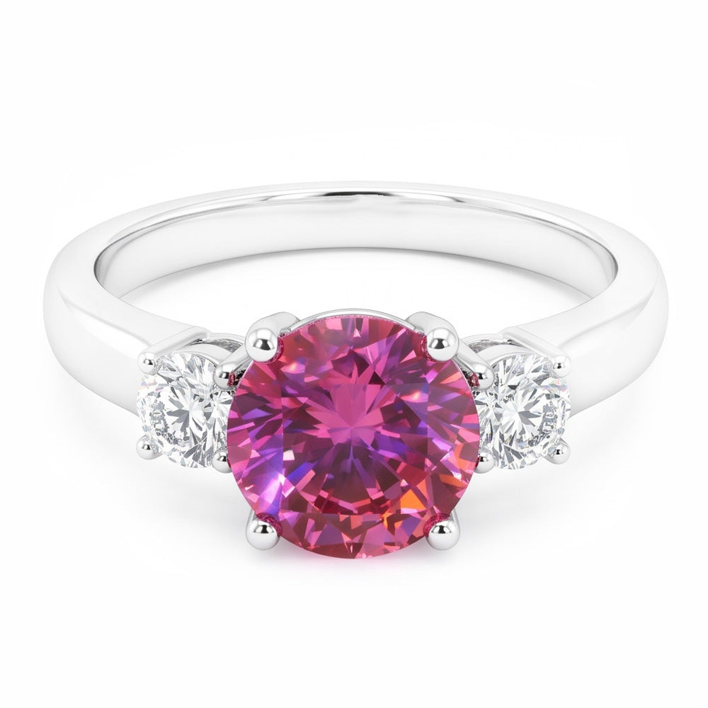 Anello con tre pietre di zaffiro rosa taglio rotondo da 2.50 carati oro bianco 14K