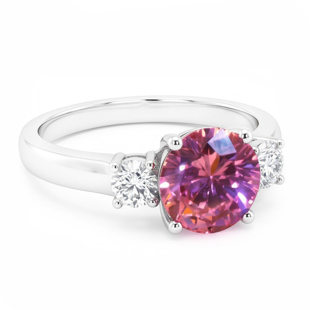 Anello con tre pietre di zaffiro rosa taglio rotondo da 2.50 carati oro bianco 14K