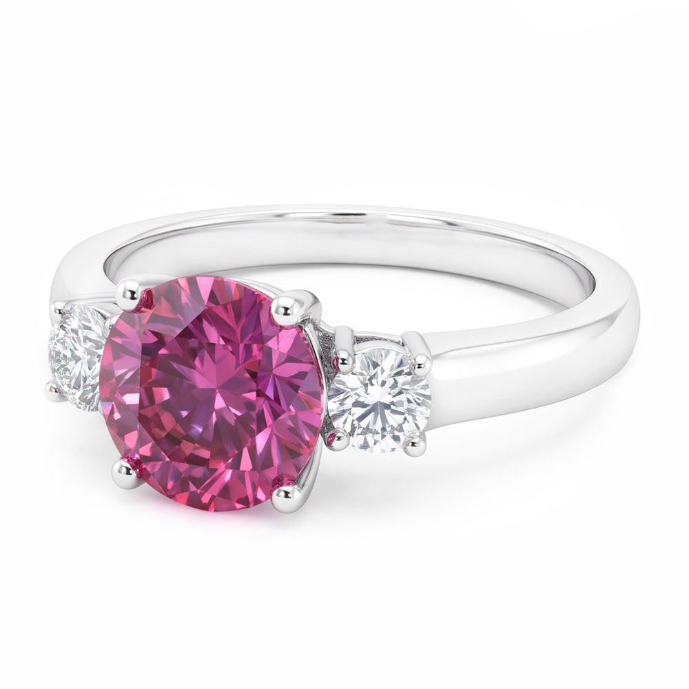 Anello con tre pietre di zaffiro rosa taglio rotondo da 2.50 carati oro bianco 14K