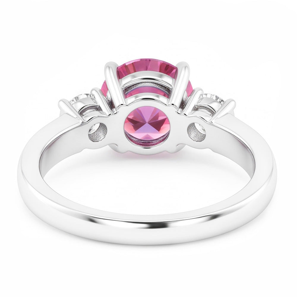 Anello con tre pietre di zaffiro rosa taglio rotondo da 2.50 carati oro bianco 14K