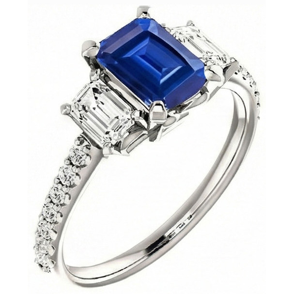 Anello con tre pietre di zaffiro smeraldo e diamanti accentati 3.50 carati