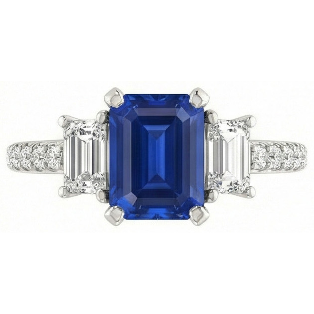 Anello con tre pietre di zaffiro smeraldo e diamanti accentati 3.50 carati