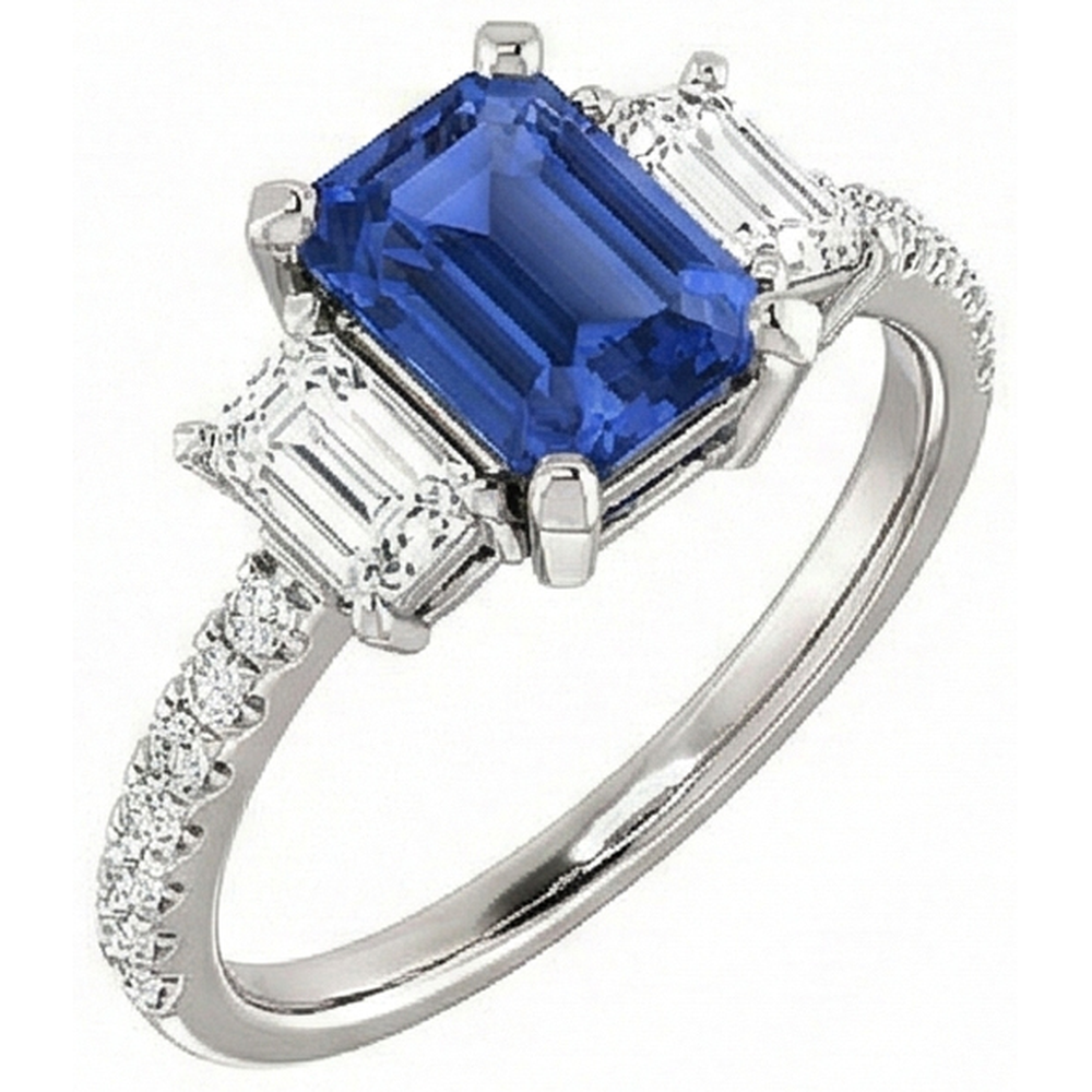 Anello con tre pietre di zaffiro smeraldo e diamanti accentati 4.50 carati