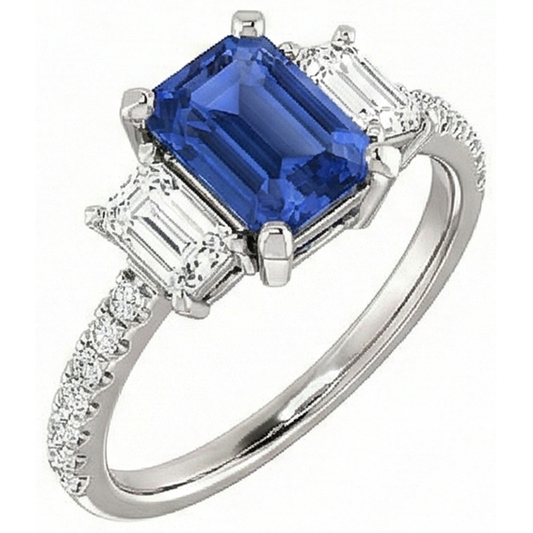 Anello con tre pietre di zaffiro smeraldo e diamanti accentati 4.50 carati