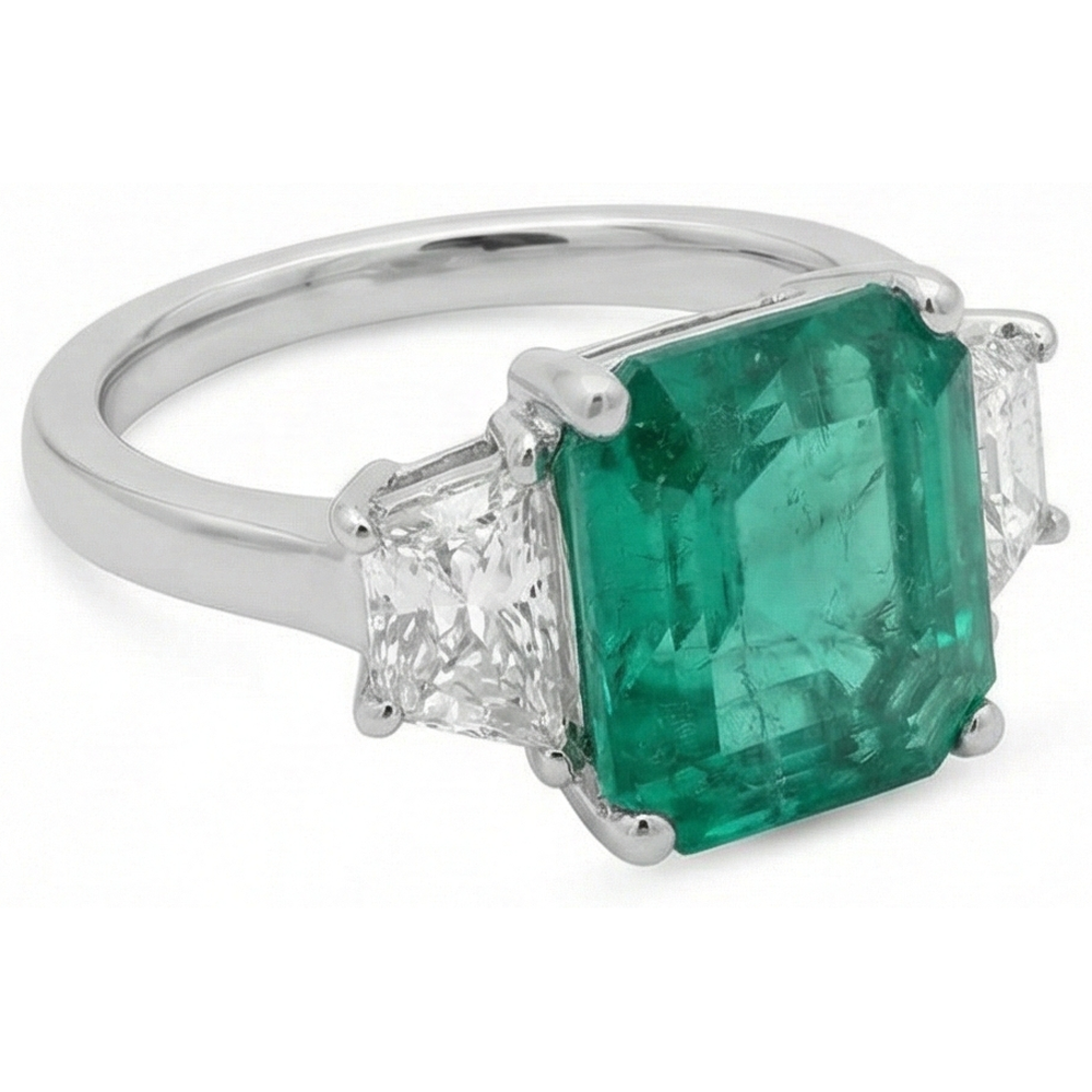 Anello con tre pietre in oro bianco 14K con diamante verde smeraldo da 4.25 carati Nuovo
