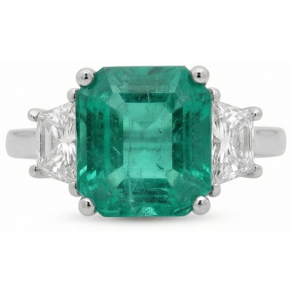 Anello con tre pietre in oro bianco 14K con diamante verde smeraldo da 4.25 carati Nuovo