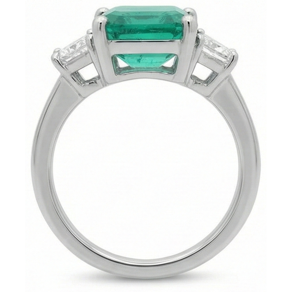 Anello con tre pietre in oro bianco 14K con diamante verde smeraldo da 4.25 carati Nuovo