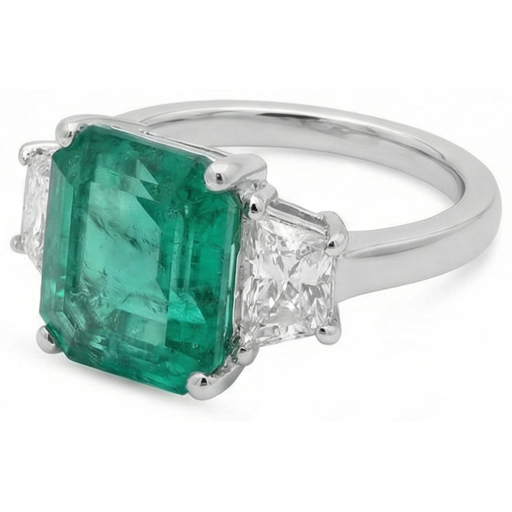 Anello con tre pietre in oro bianco 14K con diamante verde smeraldo da 4.25 carati Nuovo