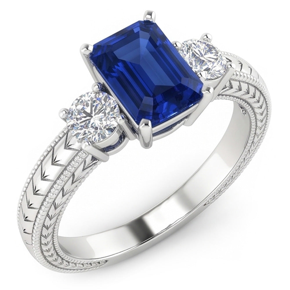Anello con tre pietre in stile antico con smeraldo dello Sri Lanka e zaffiro 1.75 carati